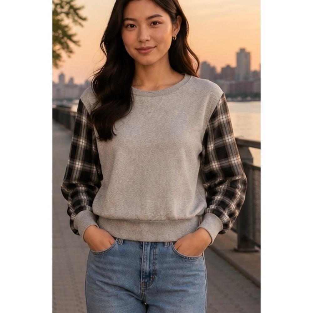 Vince Camuto Womens Sweatshirt Grey PM Plaid Mixed Media Crewneck Long Sleeve